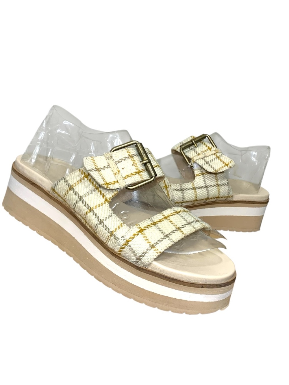 Oasis Society Plaid Chunky Platform Sandals Sz 8.5 Beige Brown Modern Slide Shoe